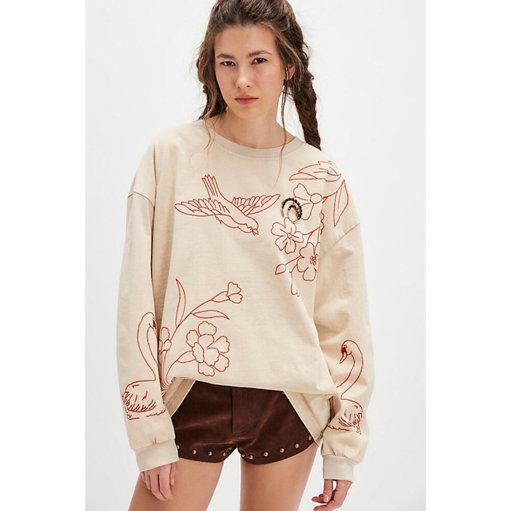 Free People Denim and Bone Swan Doodle Embroidered Tee Large